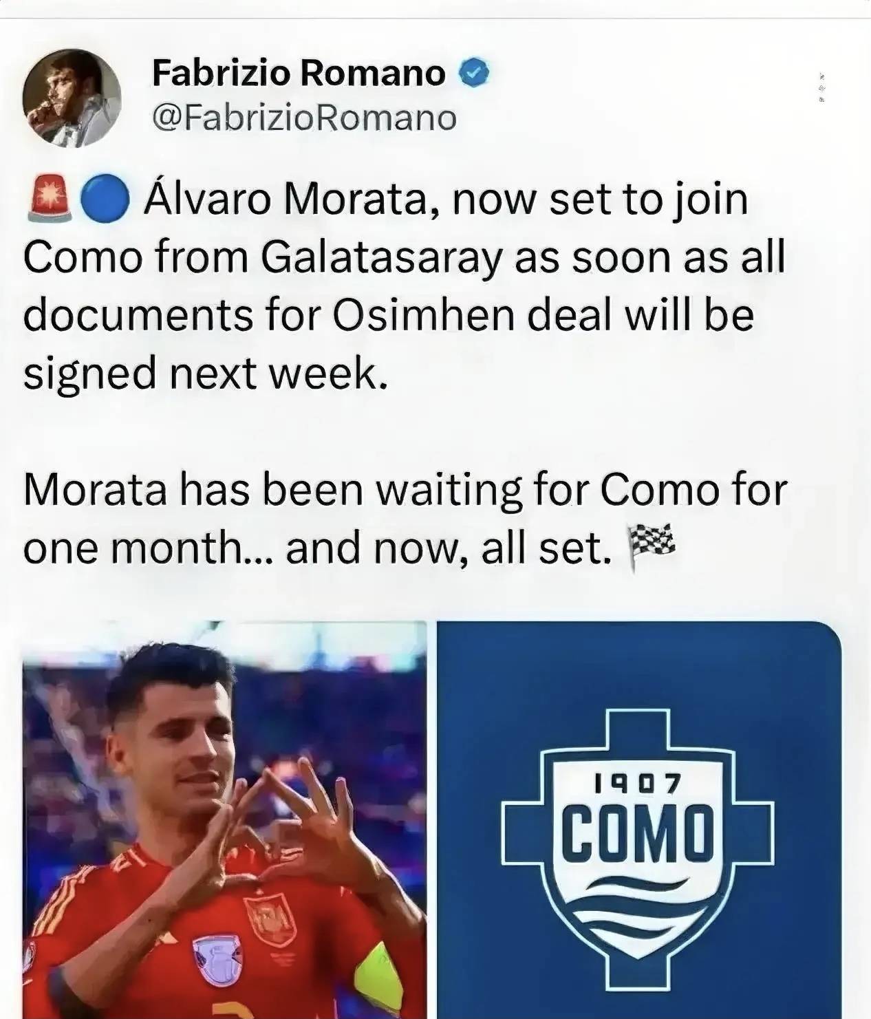 意甲媒体透露:米兰与加拉塔萨雷俱乐部达成一致,莫拉塔提前结束租借,然后加盟科莫俱乐部